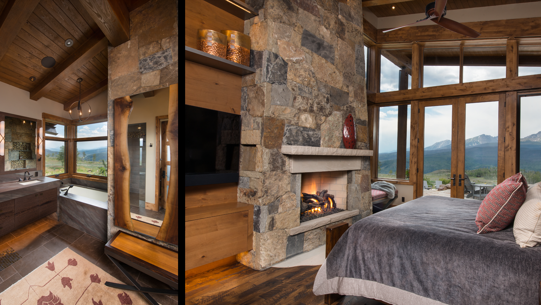 A bedroom with a fireplace and a bathroom with a fireplace.