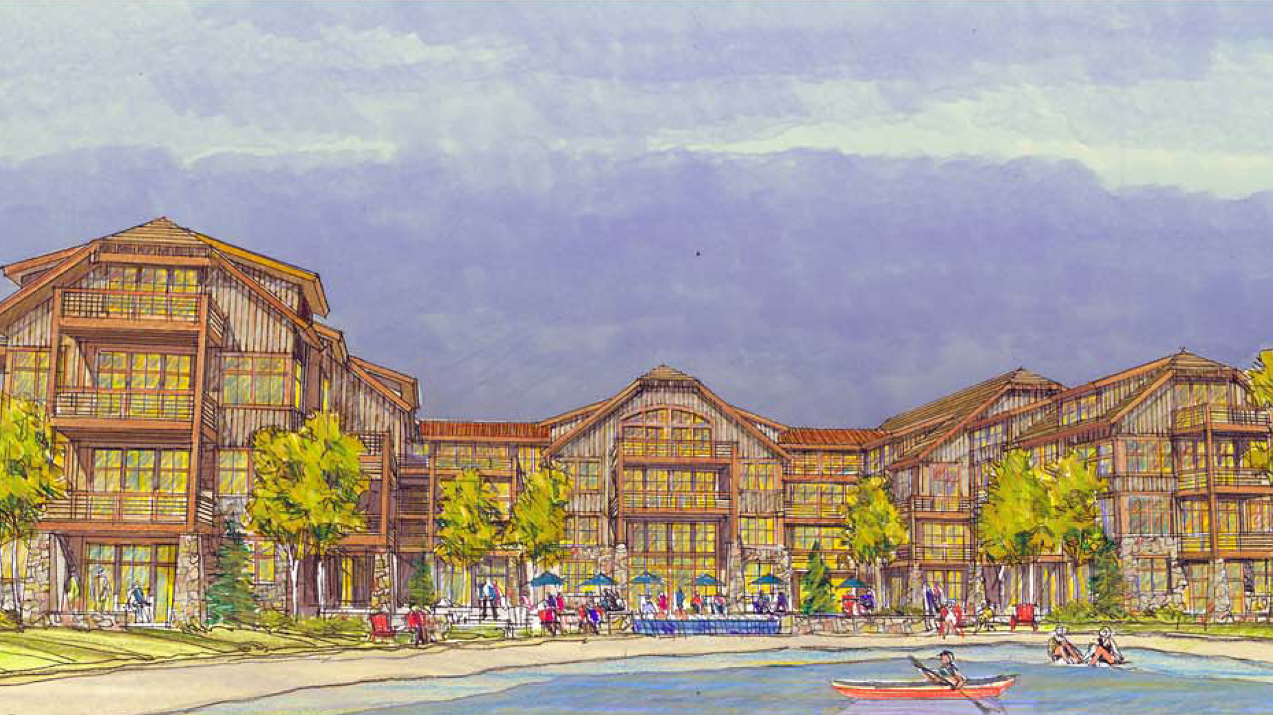 A painting of a large building with a lake in front of it