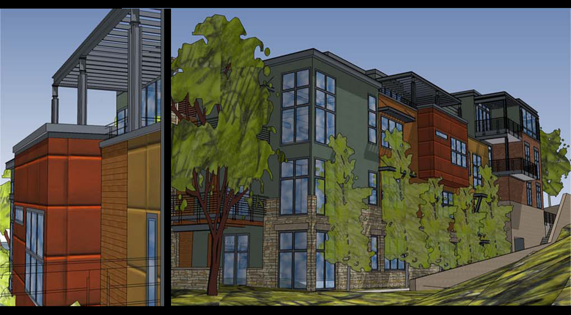 A drawing of a building with trees in front of it