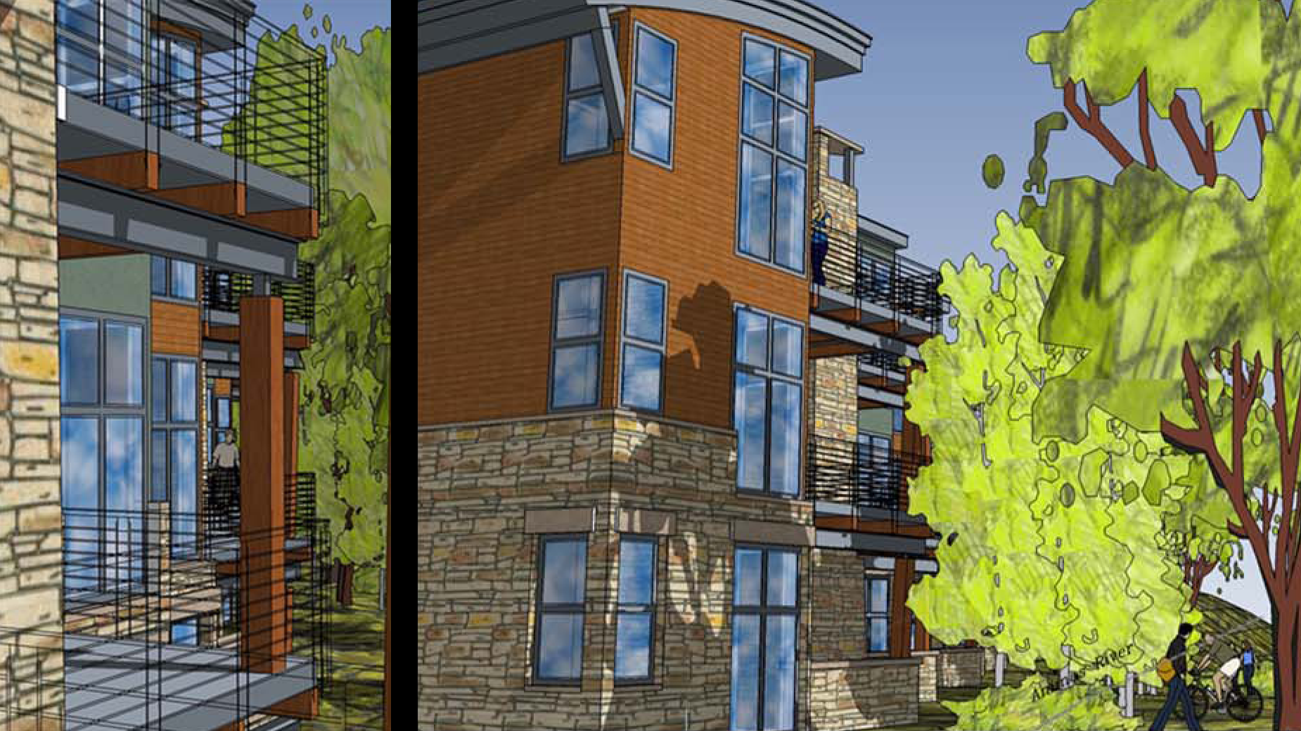 A black and white drawing of a building with a lot of windows