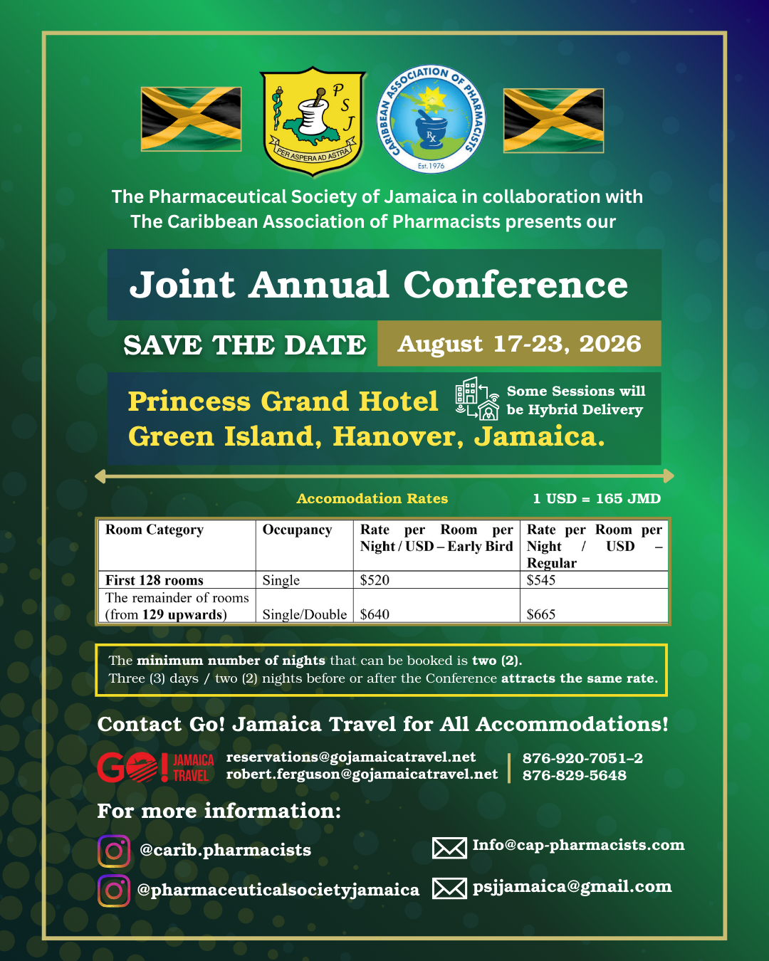 Green conference poster for the Pharmacological Society of Jamaica joint annual conference, Aug. 17–23, 2026.