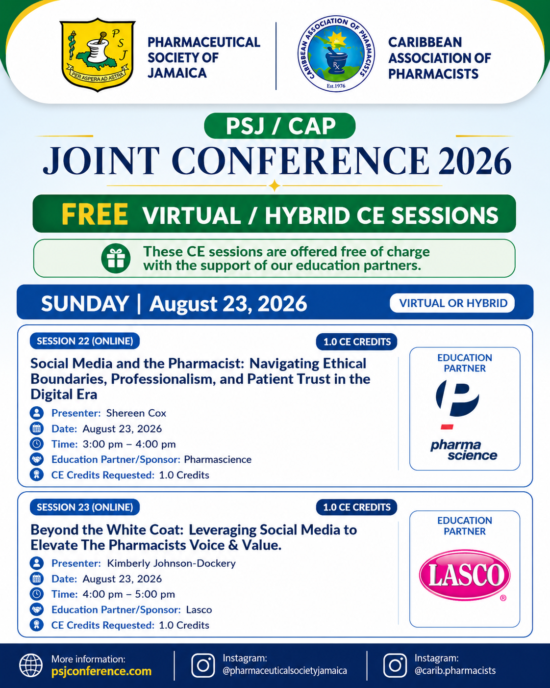 Poster for PSJ/CAP Joint Conference 2026, free virtual/hybrid CE sessions on Sunday, August 23, 2026.