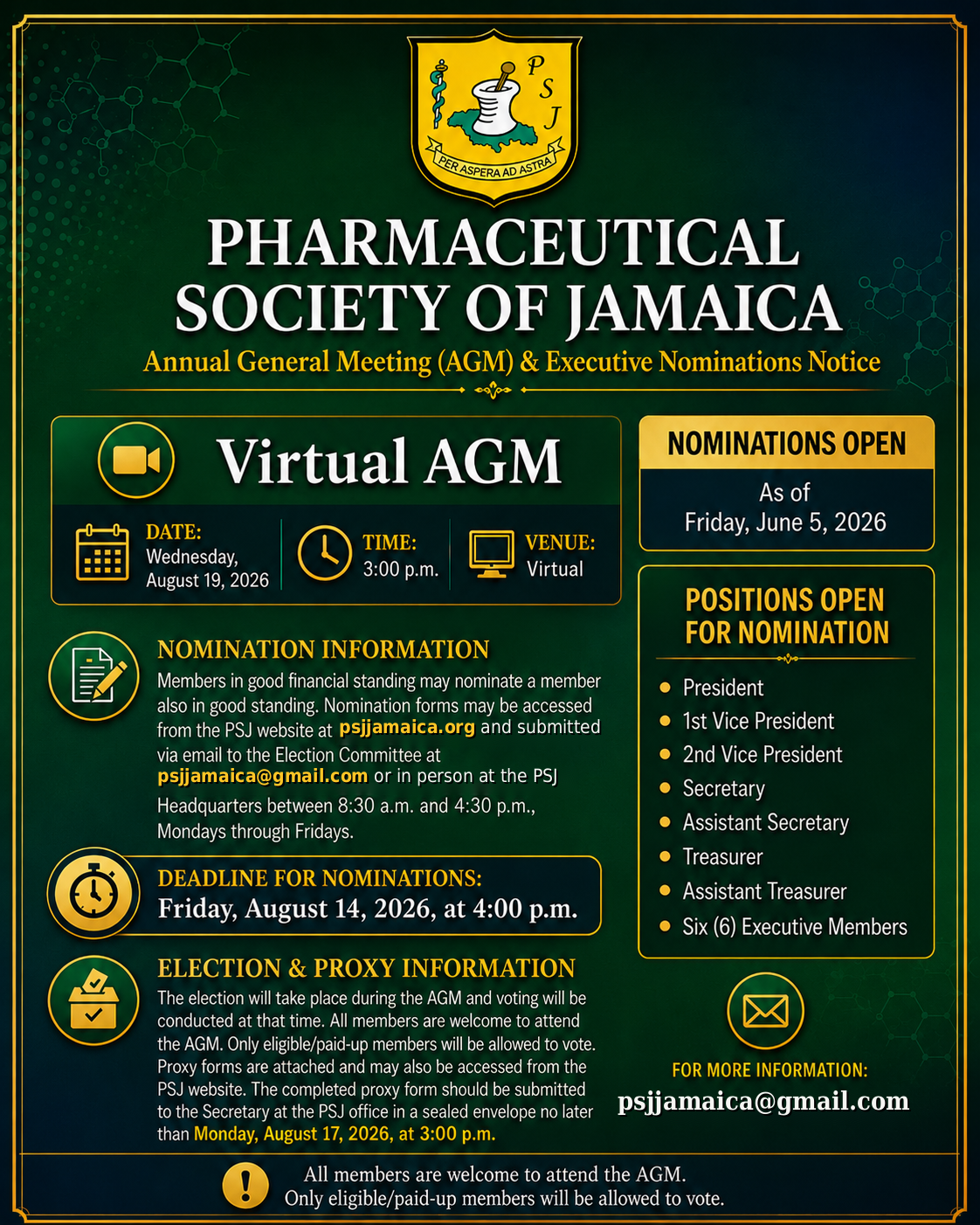 Green and gold PHARMACEUTICAL SOCIETY OF JAMAICA virtual AGM poster with dates, agenda, and registration details