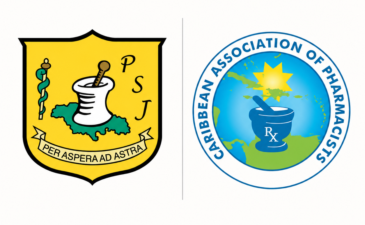 Two pharmacy logos: yellow shield with pestle and snake, and blue circular Caribbean Association of Pharmacists emblem.