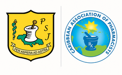 Two pharmacy logos: yellow shield with pestle and snake, and blue circular Caribbean Association of Pharmacists emblem.