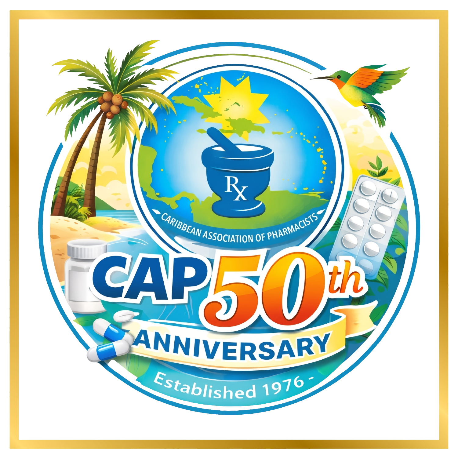 CAP 50th anniversary logo with palm tree, medicine bottle, pills, and tropical bird