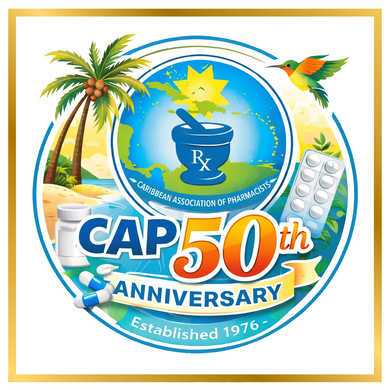 CAP 50th anniversary logo with palm tree, medicine bottle, pills, and tropical bird