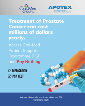 Promotional ad for prostate cancer treatment, blue background with pills and drug vial, Access Med patient support program