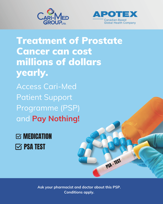 Promotional ad for prostate cancer treatment, blue background with pills and drug vial, Access Med patient support program