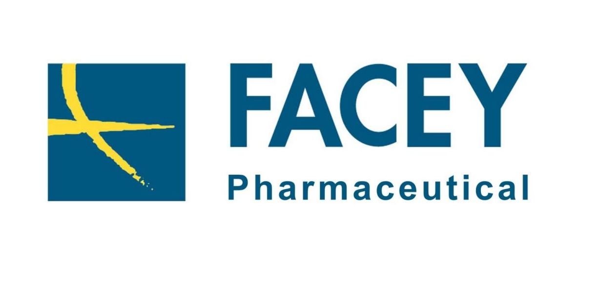 FACEY Pharmaceutical logo with teal square and yellow abstract mark on white background