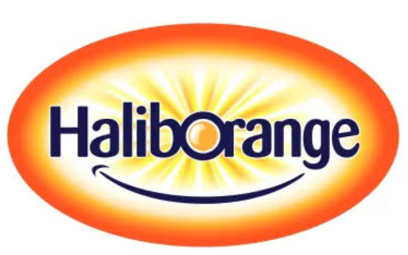 Haliborange logo in blue text inside an orange oval with a yellow center and curved smile underline