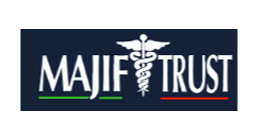 MAJIT TRUST logo with white text and medical symbol on a navy background, accented by green and red lines