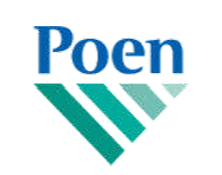 Poen logo in blue and teal with three diagonal stripes below the text