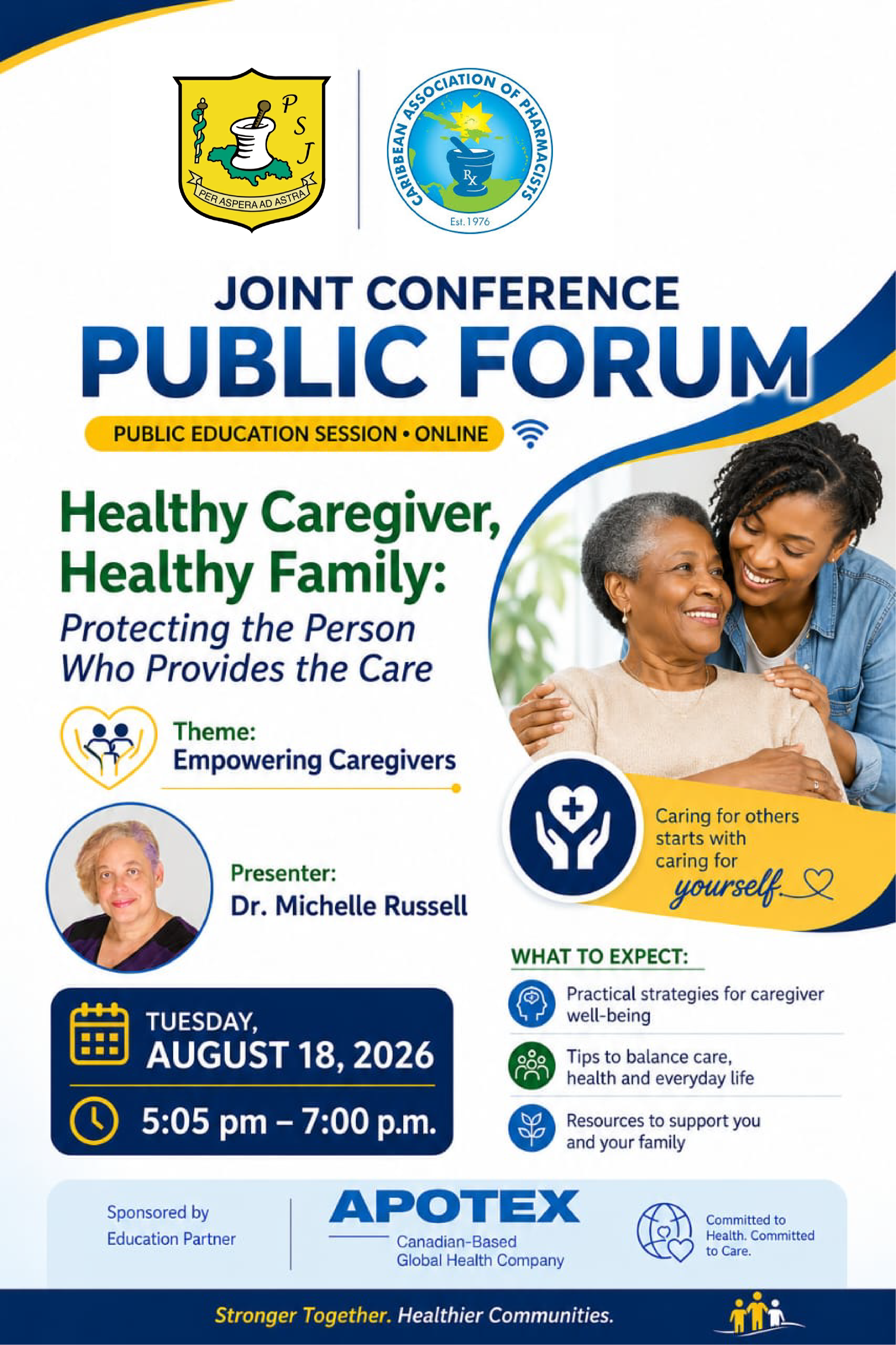 Joint conference public forum flyer on healthy caregiving, featuring a smiling caregiver and child.