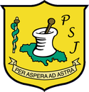 Yellow shield emblem with sewing spool, needle, green thread, letters PSJ, and banner reading “Per aspera ad astra”.