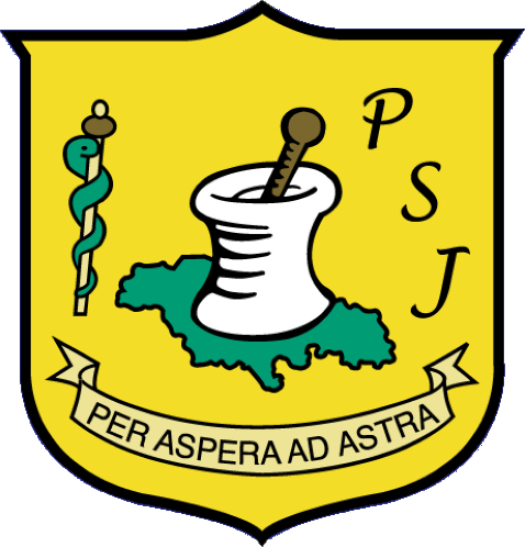 Yellow shield emblem with sewing spool, needle, green thread, letters PSJ, and banner reading “Per aspera ad astra”.