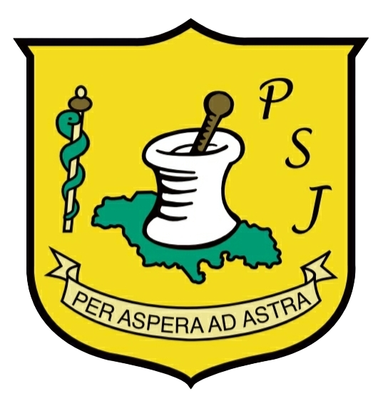 Yellow shield crest with mortar and pestle, staff, initials PSJ, and banner reading “Per Aspera Ad Astra.”
