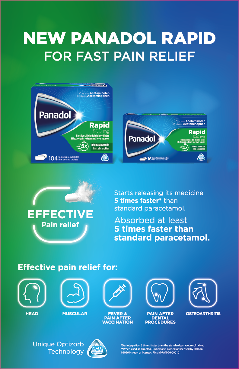 Panadol Rapid pain relief ad with green-blue boxes and text on effective pain relief
