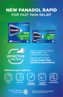 Promotional poster for New Panadol Rapid, green-blue gradient with product boxes and pain relief icons
