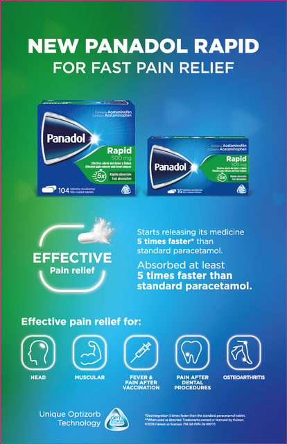 Panadol Rapid pain relief ad with green-blue boxes and text on effective pain relief