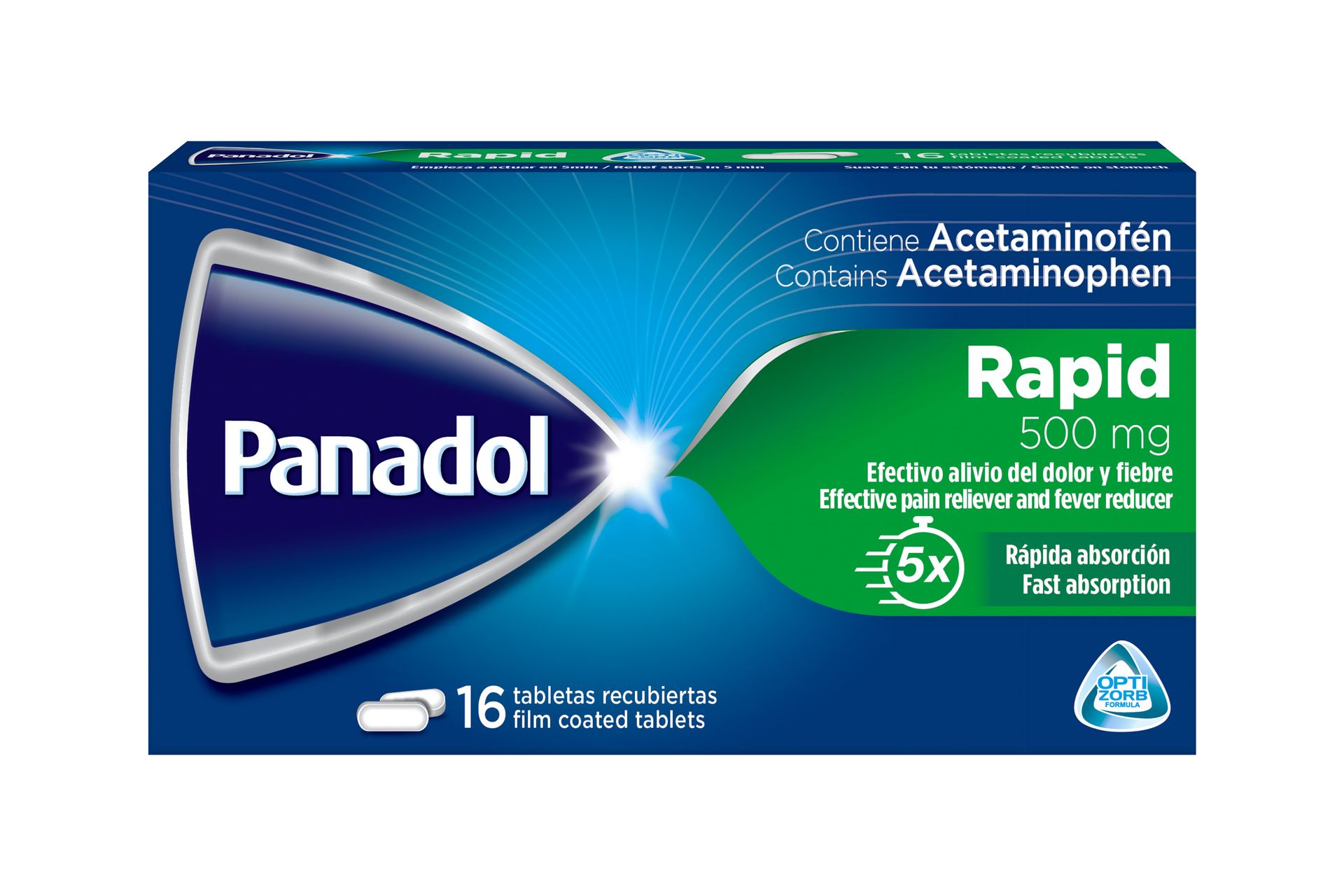 Panadol Rapid acetaminophen box, blue and green packaging with 16 tablets shown
