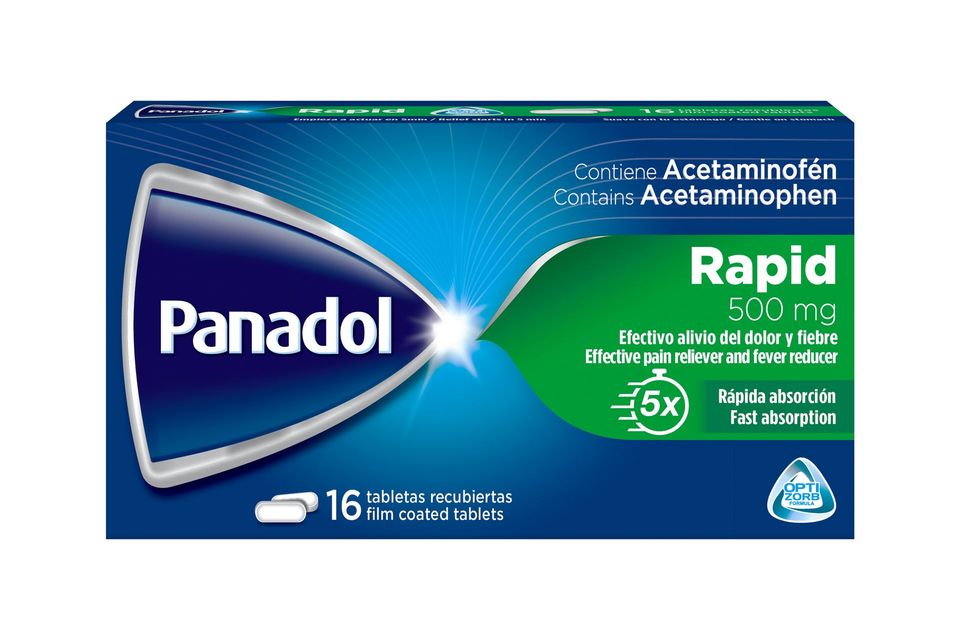 Panadol Rapid acetaminophen box, blue and green packaging with 16 tablets shown