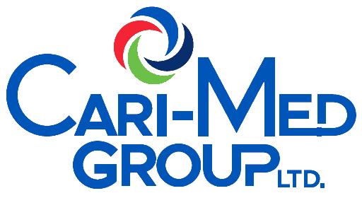 Cari-Med Group LTD logo in blue with red, green, and blue circular swirl icon