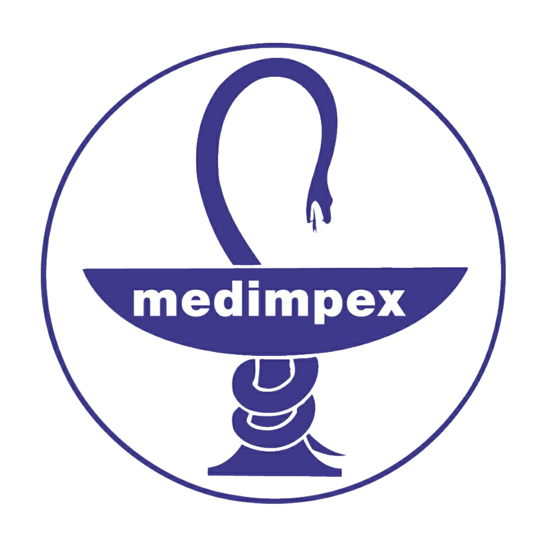 Purple Medimpex logo with a stylized caduceus in a circle