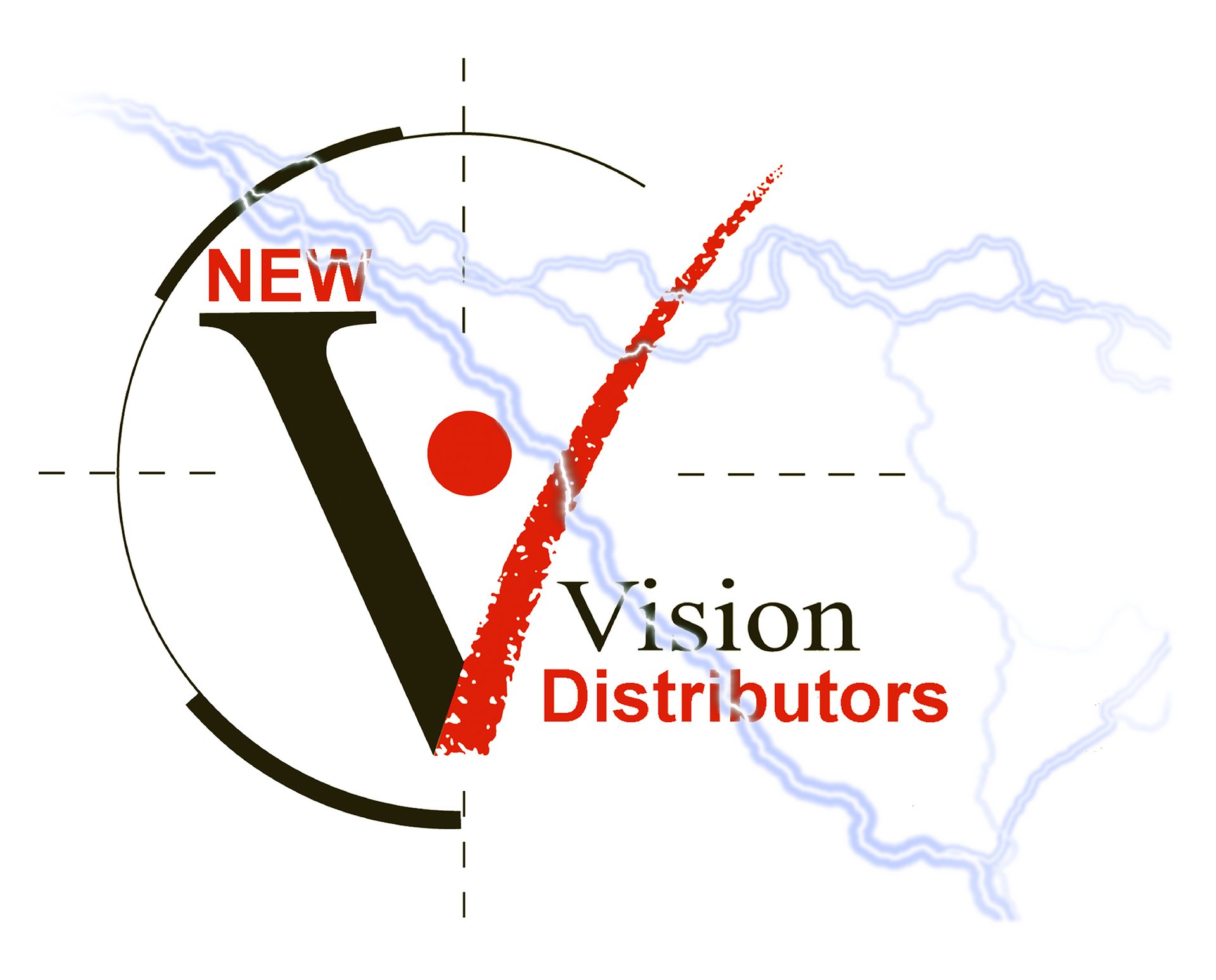Logo for Vision Distributors with a black and red V, red dot, and pale blue map outline