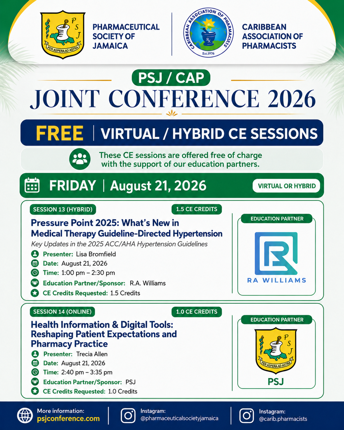 PSJ/CAP Joint Conference 2026 poster: free virtual/hybrid CE sessions, Friday Aug. 21, 2026, green and blue theme