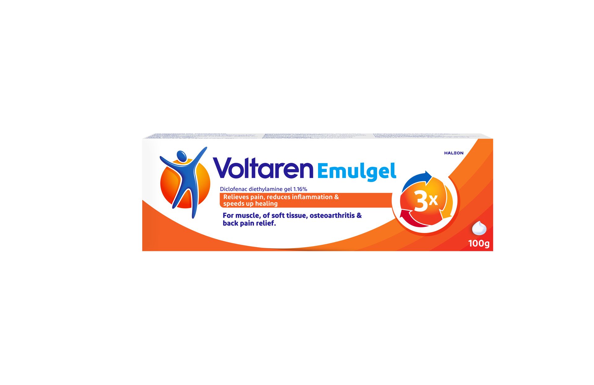 Voltaren Emulgel pain relief cream box, white and orange packaging with 3x badge
