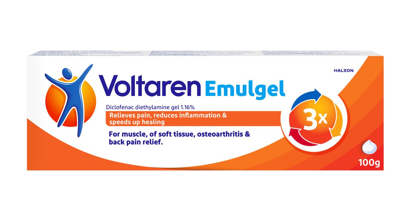 Voltaren Emulgel pain relief cream box, white and orange packaging with 3x badge