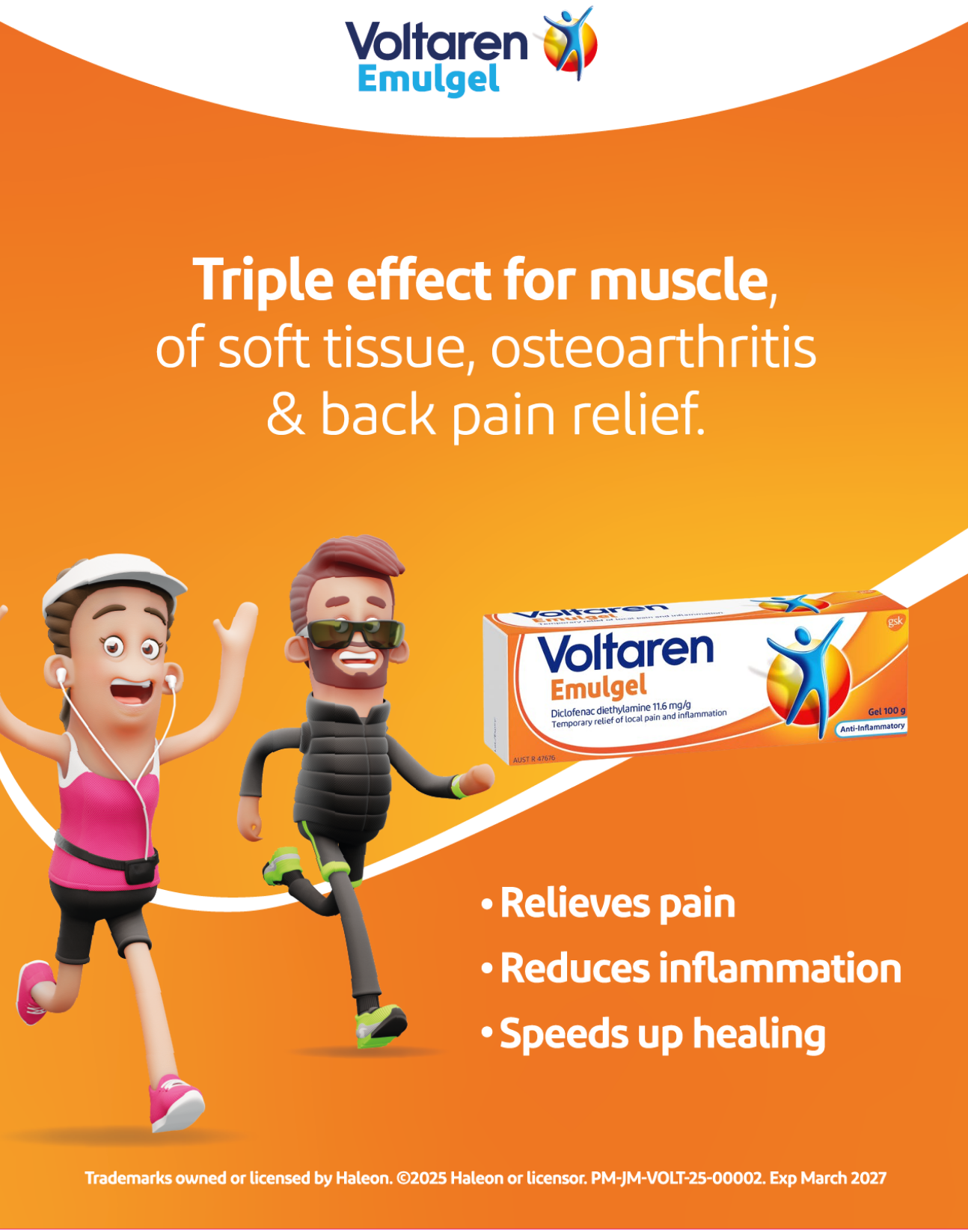 Voltran Emulgel ad with orange background, cartoon runners, and text about pain relief, inflammation, and healing