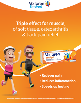 Voltren Emulgel ad with runners and product box, claiming pain relief, reduced inflammation, and faster healing