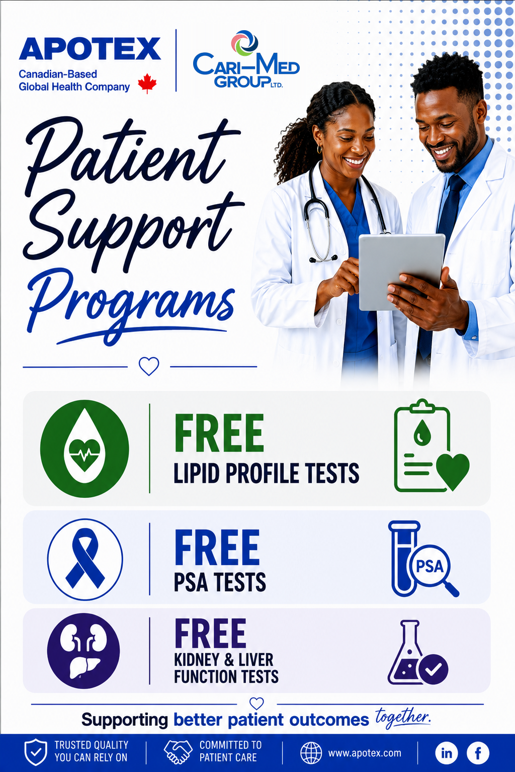 Patient Support Programs poster offering free lipid profile, PSA, and other tests, with smiling people and medical icons