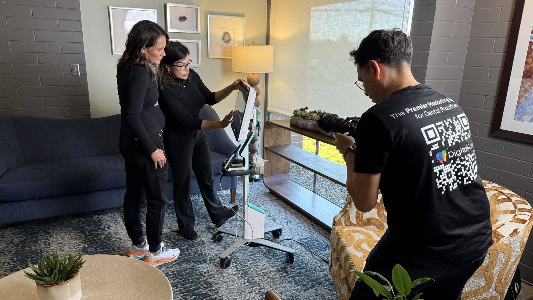 Digital Floss crew shooting content in a dental practice lobby
