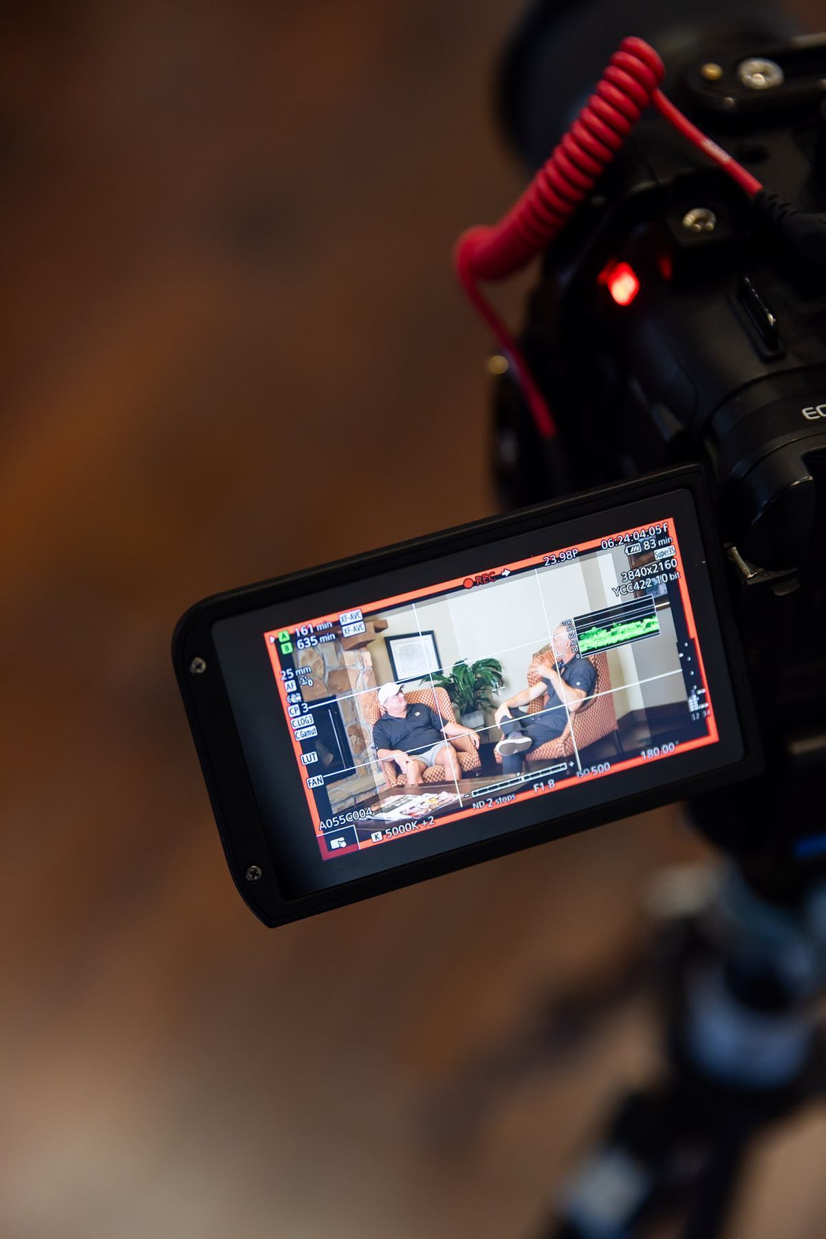 Camera monitor showing a Digital Floss interview being recorded