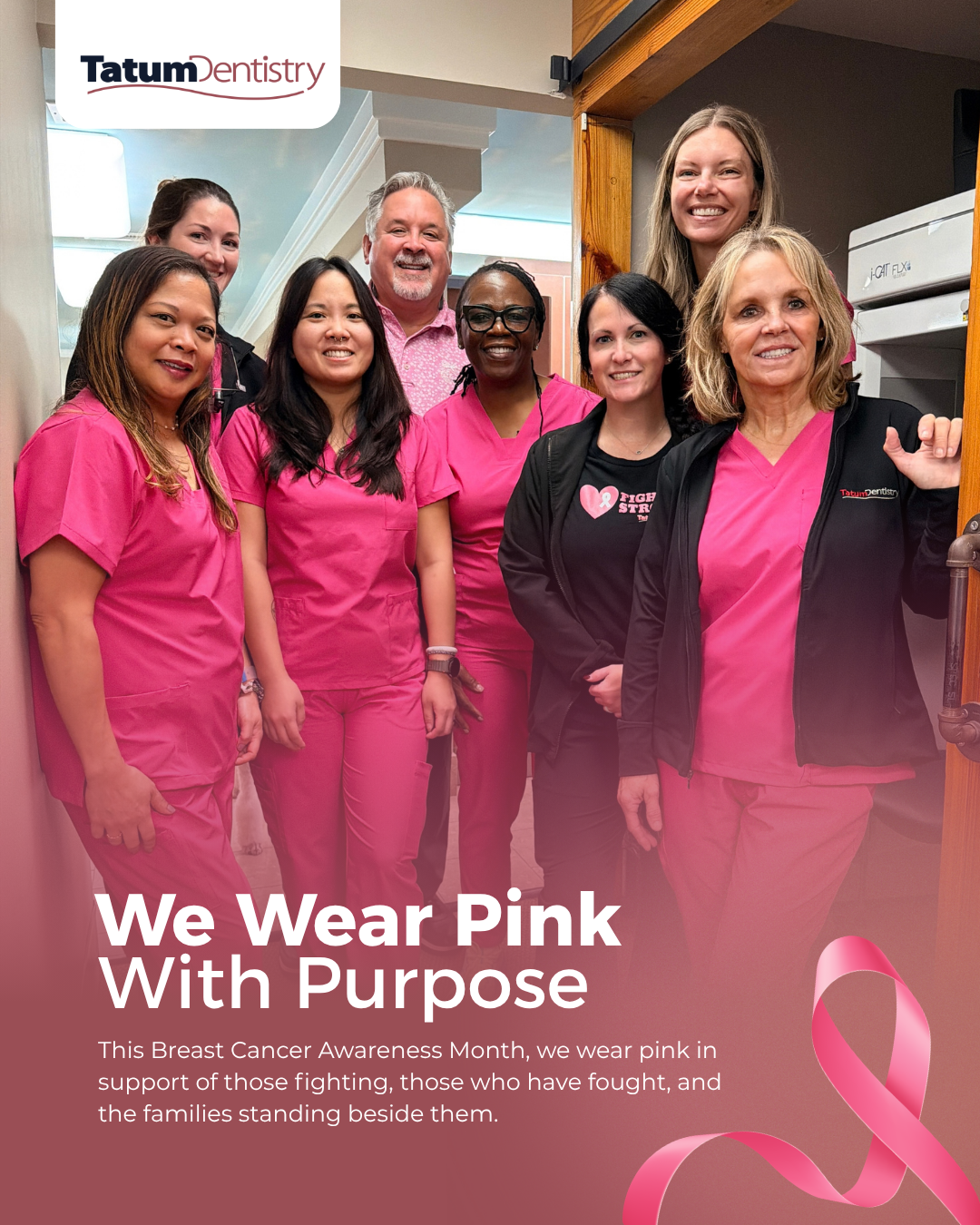Instagram post by Tatum Dentistry: Every Thursday this October, our team at Tatum Dentistry will be wearing pink scrubs in ho