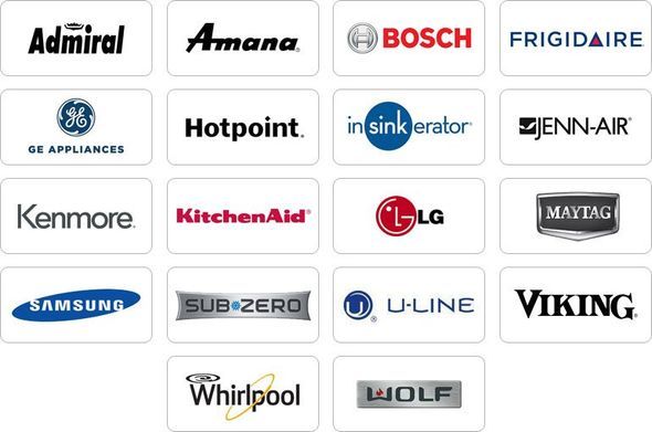 Grid of appliance brand logos, including Admiral, Bosch, Frigidaire, GE, Samsung, Whirlpool, and Wolf.