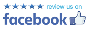Five blue stars and “review us on facebook” text with a thumbs-up icon