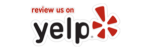 “Review us on Yelp” text with the Yelp logo in black, red, and white.