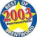 “Best of 2003” Brentwood Press blue circular award logo with red and yellow text