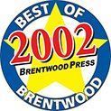 Best of 2002 Brentwood Press award badge in blue, yellow, red, and white