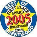 Best of Brentwood Press 2005 award badge in blue, red, and gold