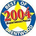 Blue and gold “Best of 2004 Brentwood Press” award badge with red “2004” text
