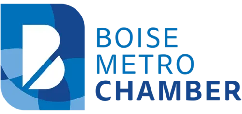 Logo for the Boise Metro Chamber featuring a blue, stylized letter B composed of overlapping shapes next to the text.