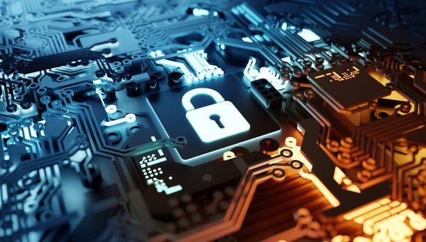 A glowing digital padlock icon centered on a complex, dark blue and amber computer circuit board.