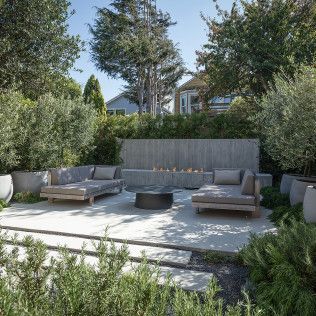 Modern backyard patio with gray outdoor sofas, fire pit, and trimmed hedges surrounded by trees.
