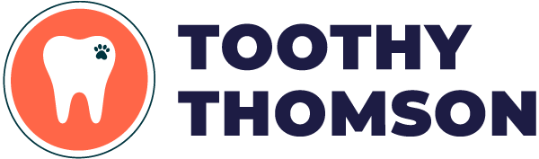 A logo for toothy thomson with a tooth in a red circle.