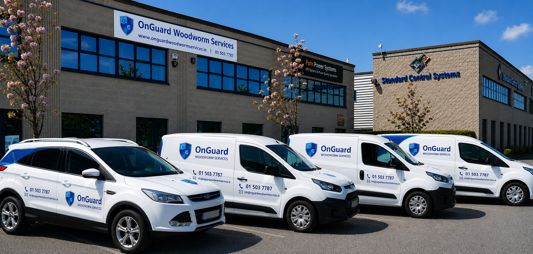Four white service vans parked outside a building with company signage under a blue sky